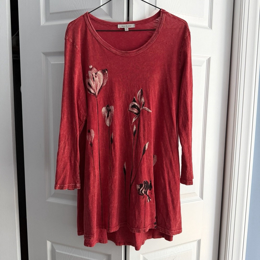Jess & Jane Tunic Top Large Red Floral Lagenlook 100% Cotton Fall Long Sleeve